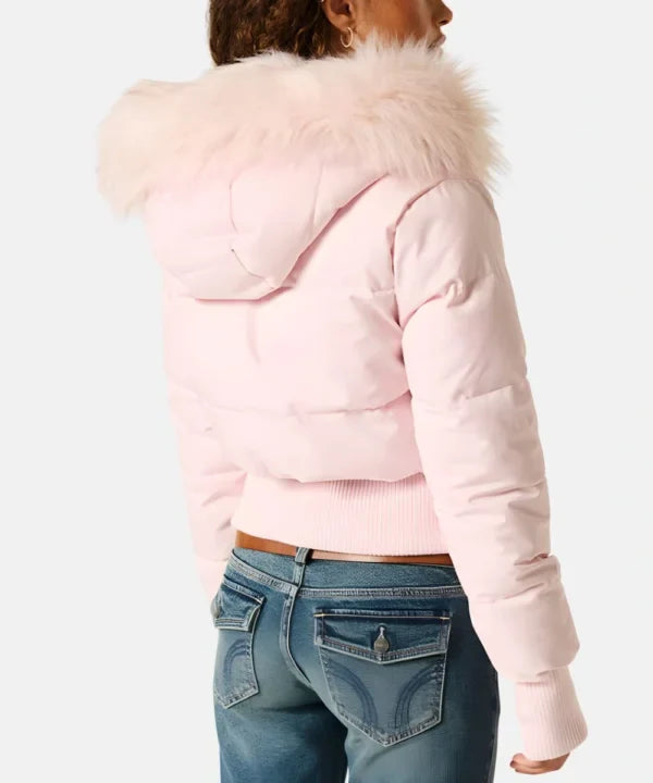 Gesteppte Winterjacke aus Leinen mit Kapuze und Kunstfellbesatz