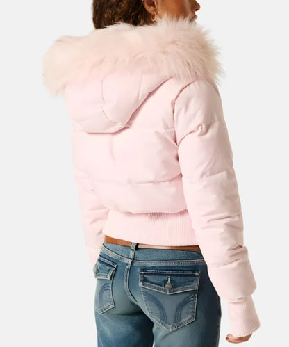 Gesteppte Winterjacke aus Leinen mit Kapuze und Kunstfellbesatz