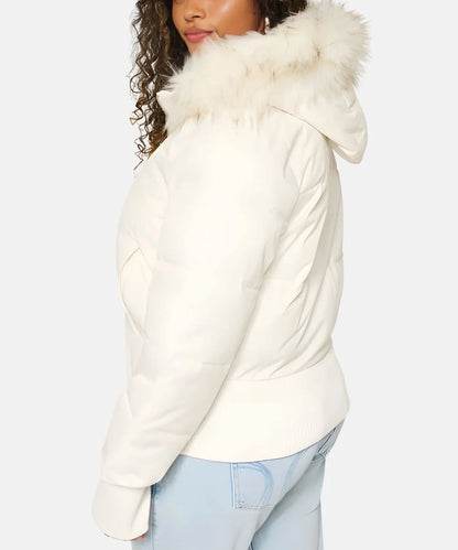 Gesteppte Winterjacke aus Leinen mit Kapuze und Kunstfellbesatz