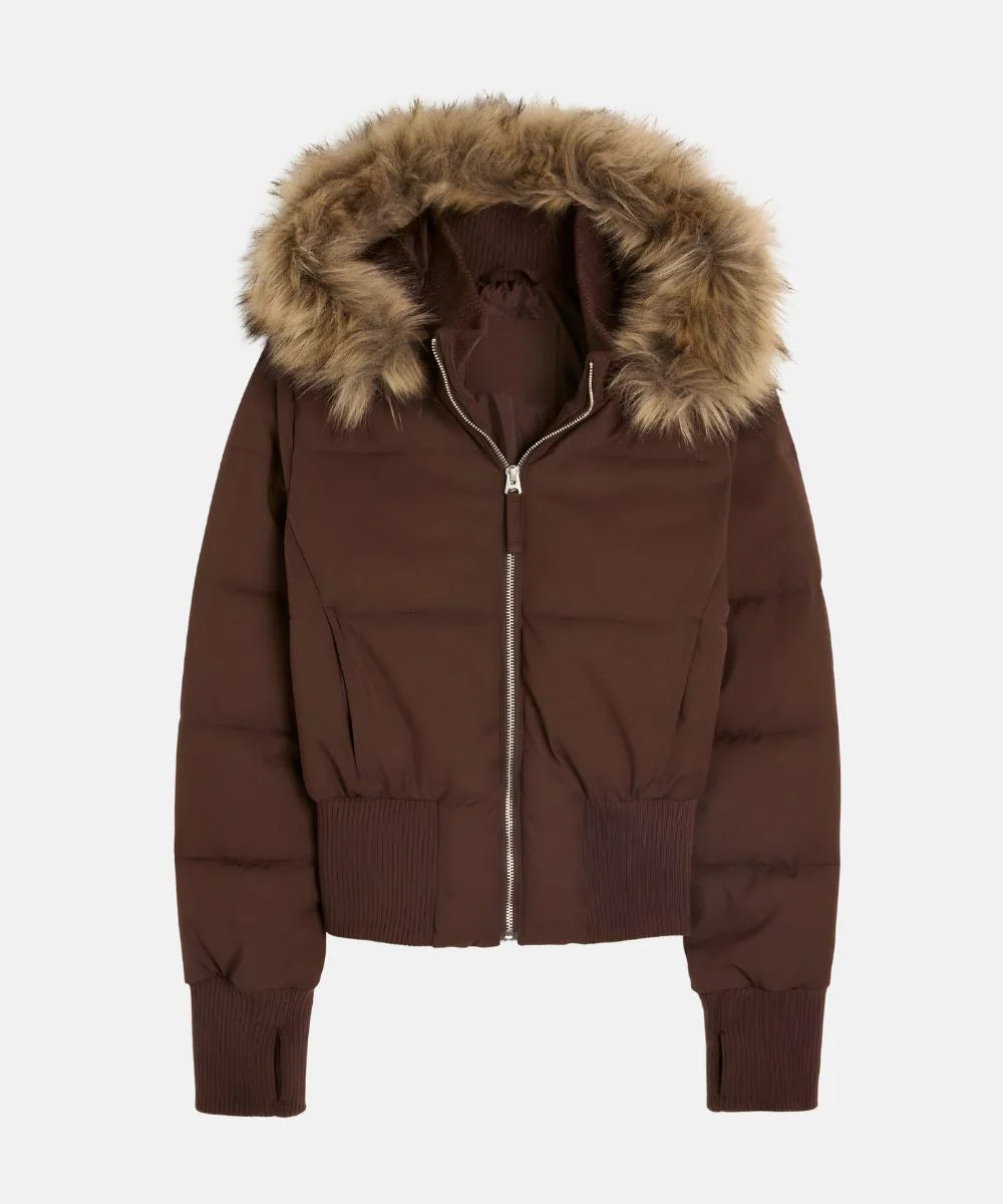 Gesteppte Winterjacke aus Leinen mit Kapuze und Kunstfellbesatz