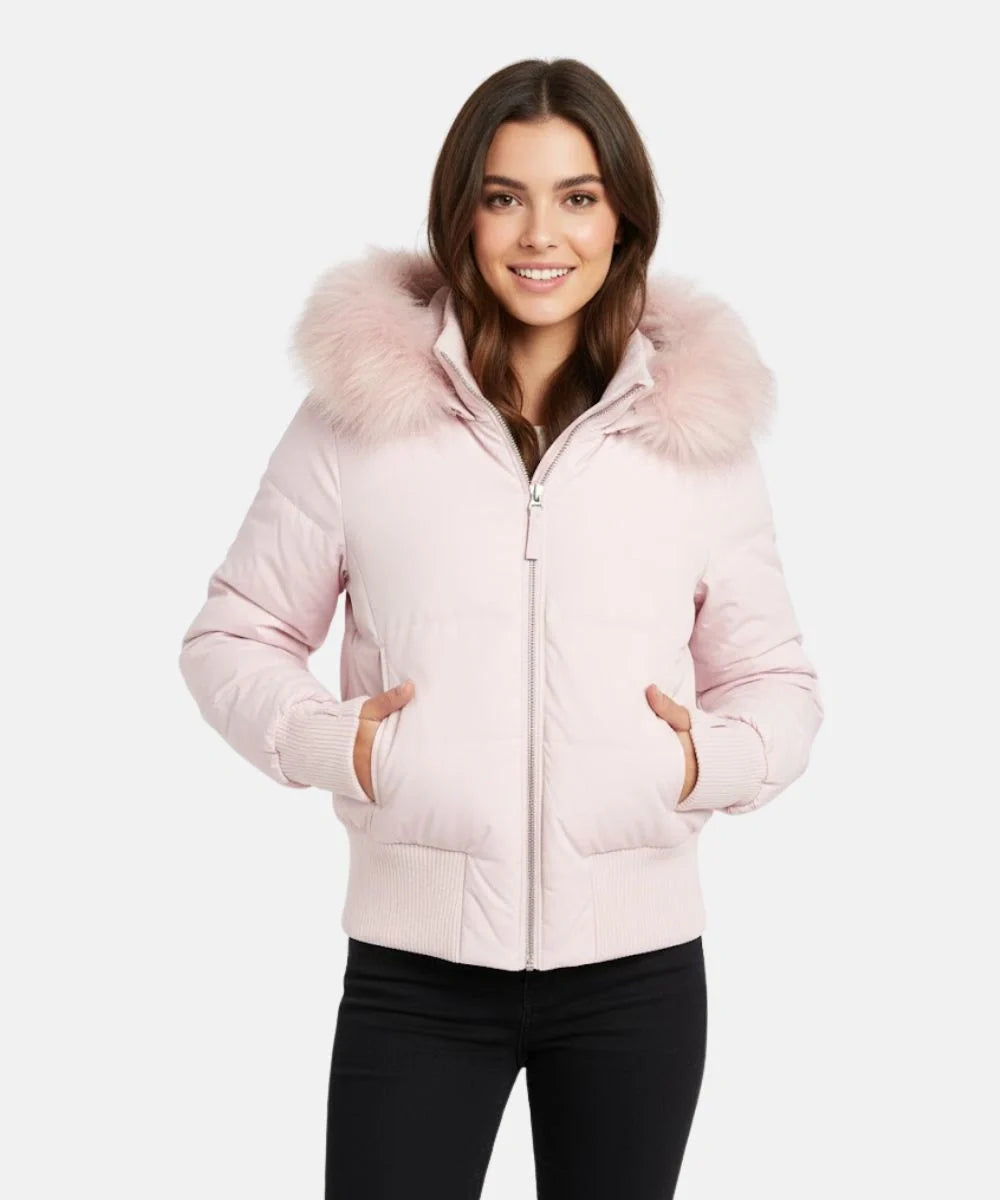 Gesteppte Winterjacke aus Leinen mit Kapuze und Kunstfellbesatz
