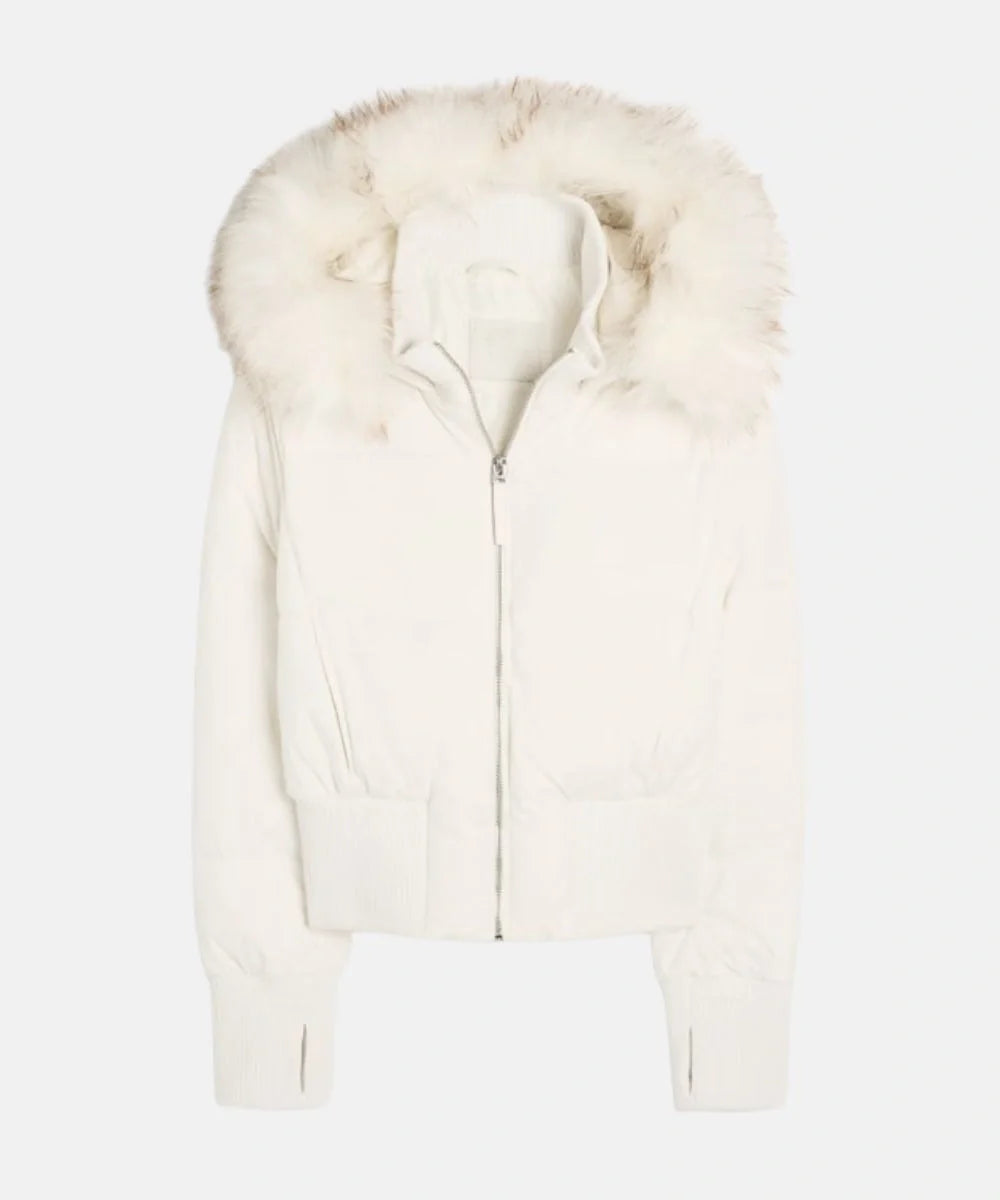 Gesteppte Winterjacke aus Leinen mit Kapuze und Kunstfellbesatz