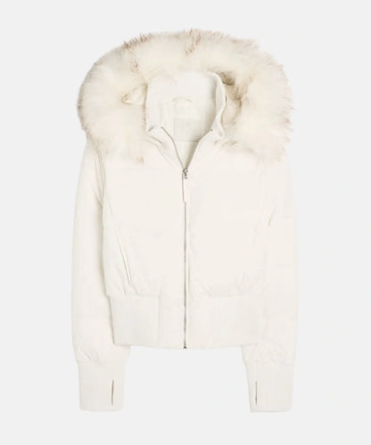 Gesteppte Winterjacke aus Leinen mit Kapuze und Kunstfellbesatz