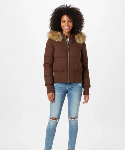Gesteppte Winterjacke aus Leinen mit Kapuze und Kunstfellbesatz