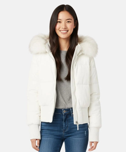 Gesteppte Winterjacke aus Leinen mit Kapuze und Kunstfellbesatz