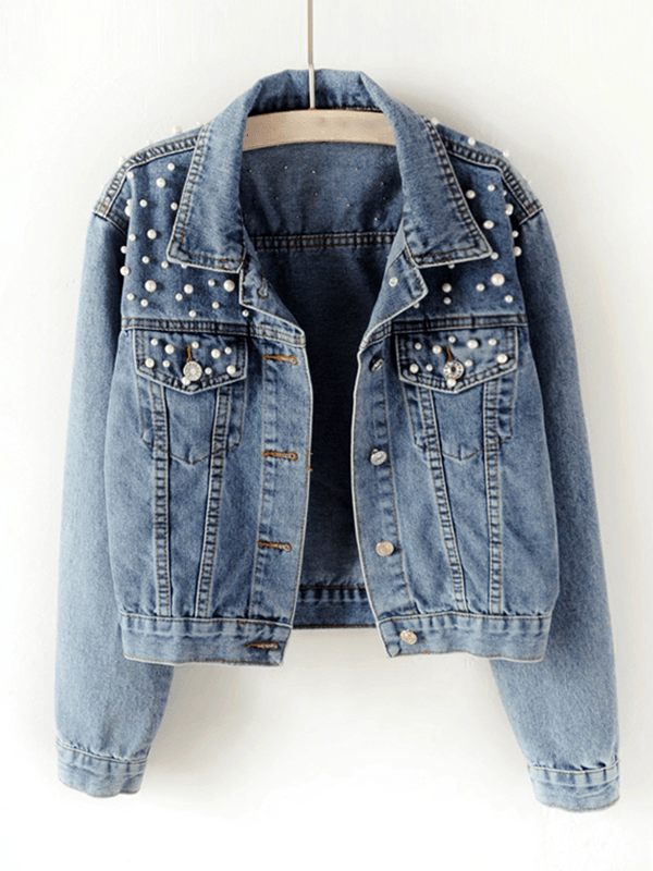 Damen Jeansjacke oversized mit Strass lässige Denim Jacke