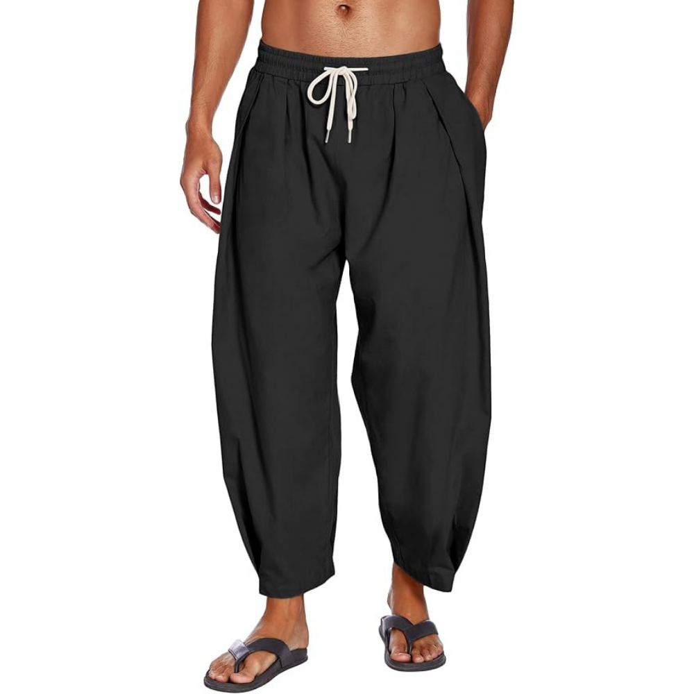 Lässige schwarze Herren-Leinenhose mit weitem Bein und verstellbarem elastischem Kordelzug-Bund