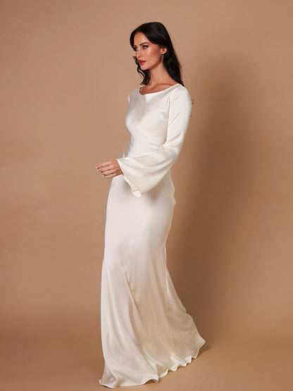 Langärmliges Maxikleid aus Satin – elegantes Kleid mit A-Linie