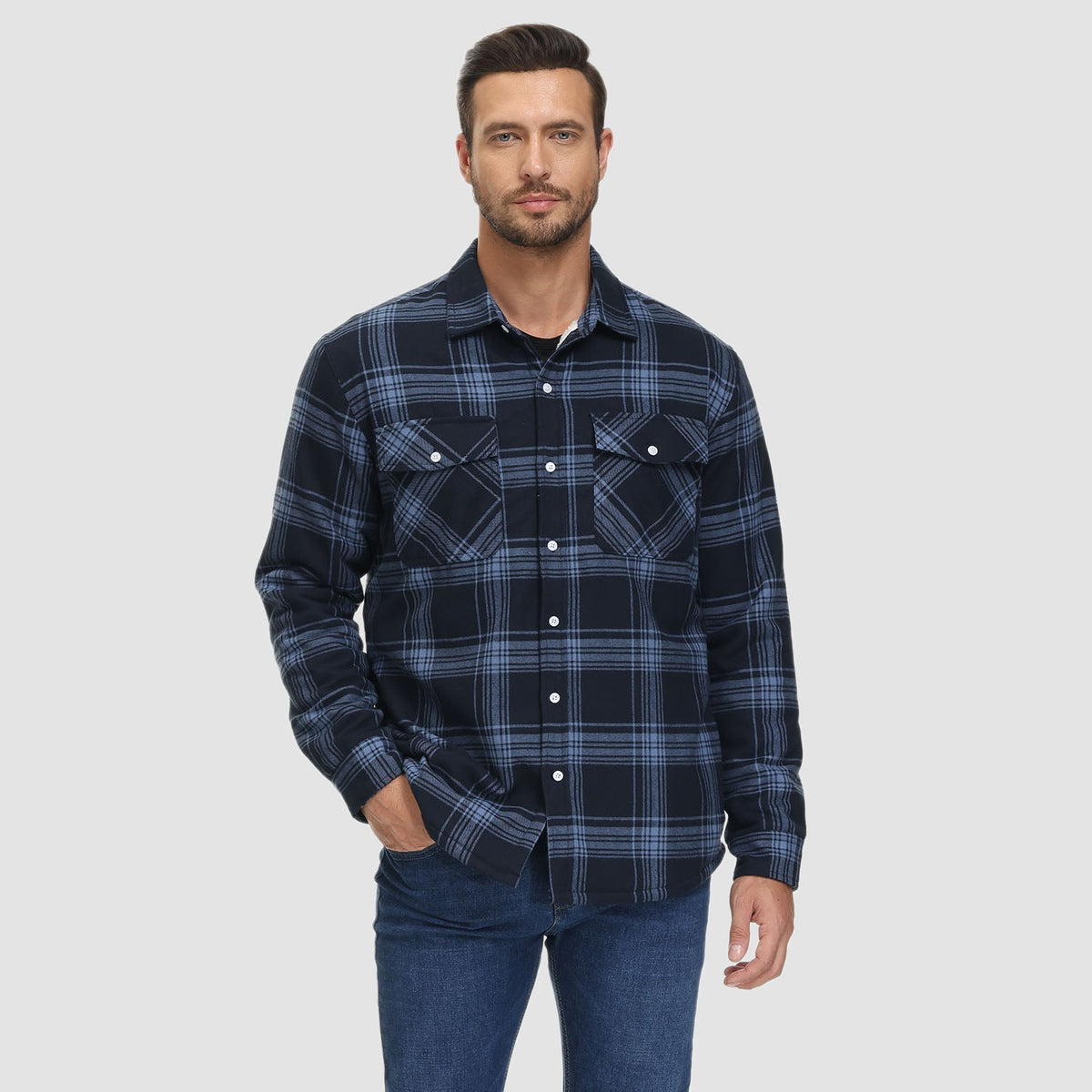 Hemdjacke Herren aus Baumwolle – karierte Overshirt-Jacke mit Sherpa-Futter