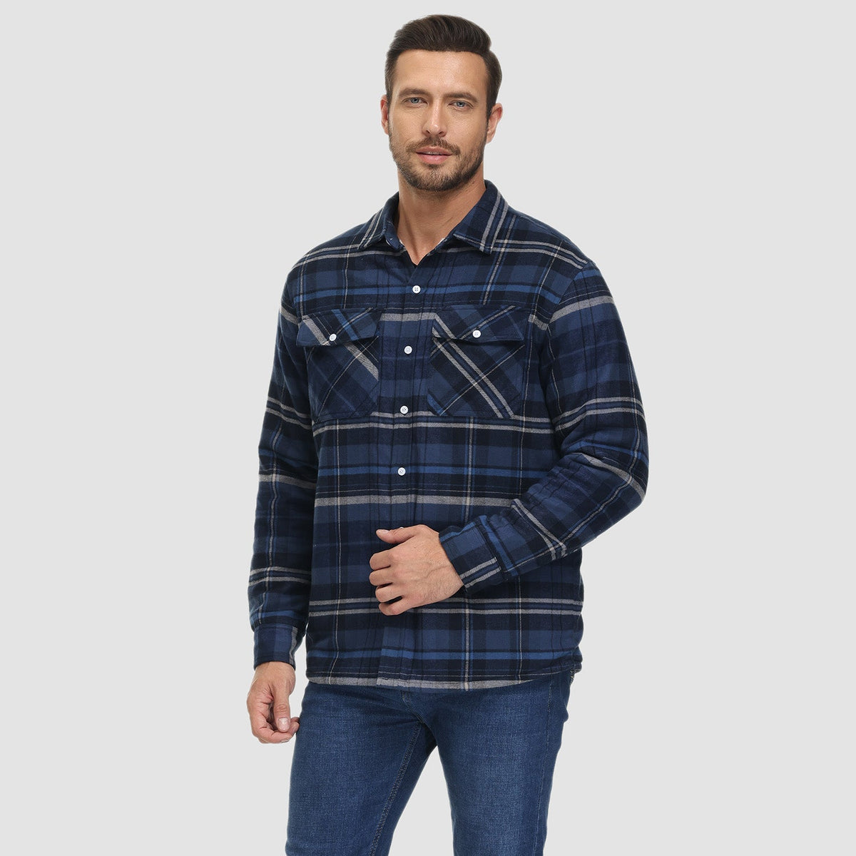 Hemdjacke Herren aus Baumwolle – karierte Overshirt-Jacke mit Sherpa-Futter