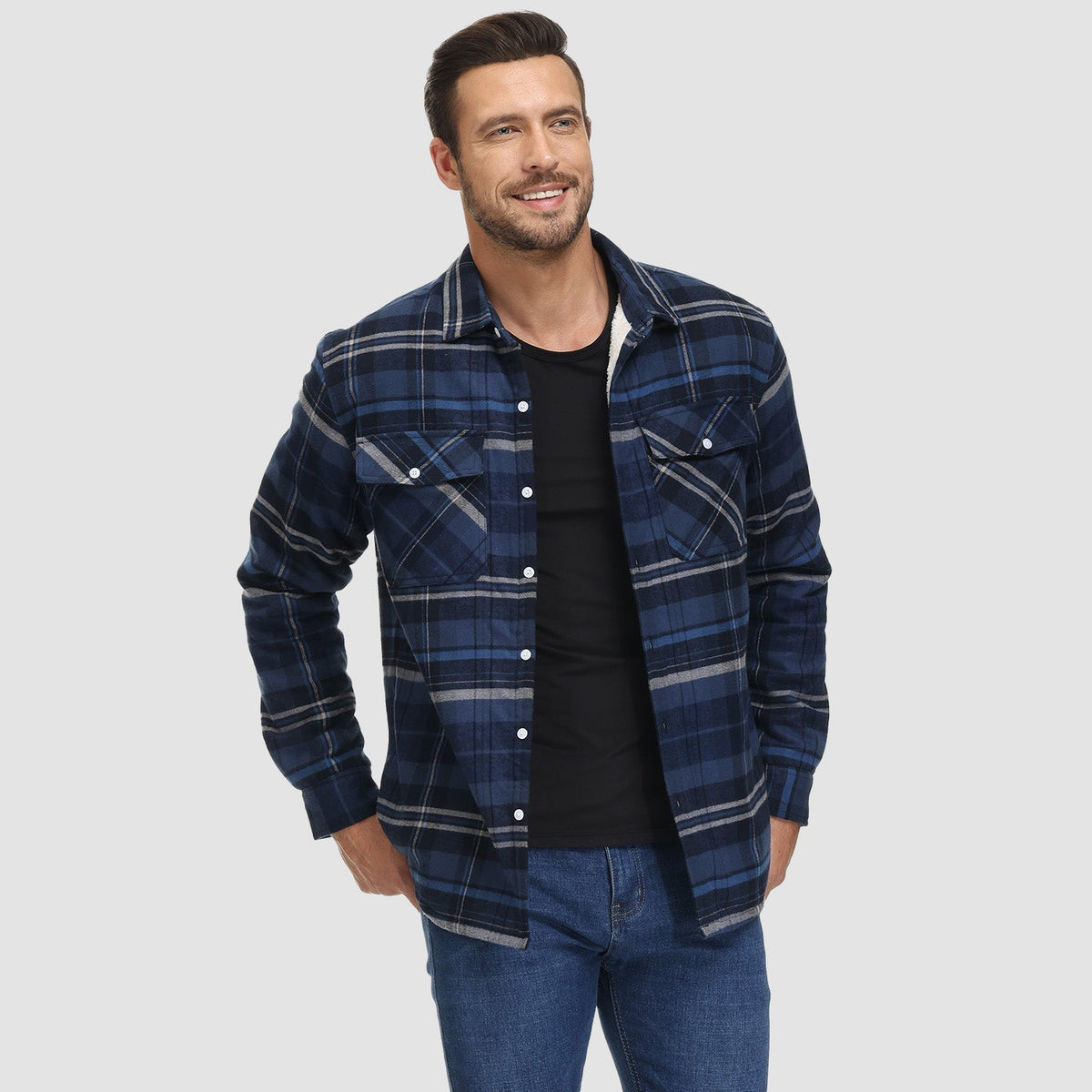 Hemdjacke Herren aus Baumwolle – karierte Overshirt-Jacke mit Sherpa-Futter