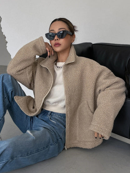 Fleecejacke Damen aus Wollmischung – kuschelige Jacke mit Stehkragen und Reißverschluss