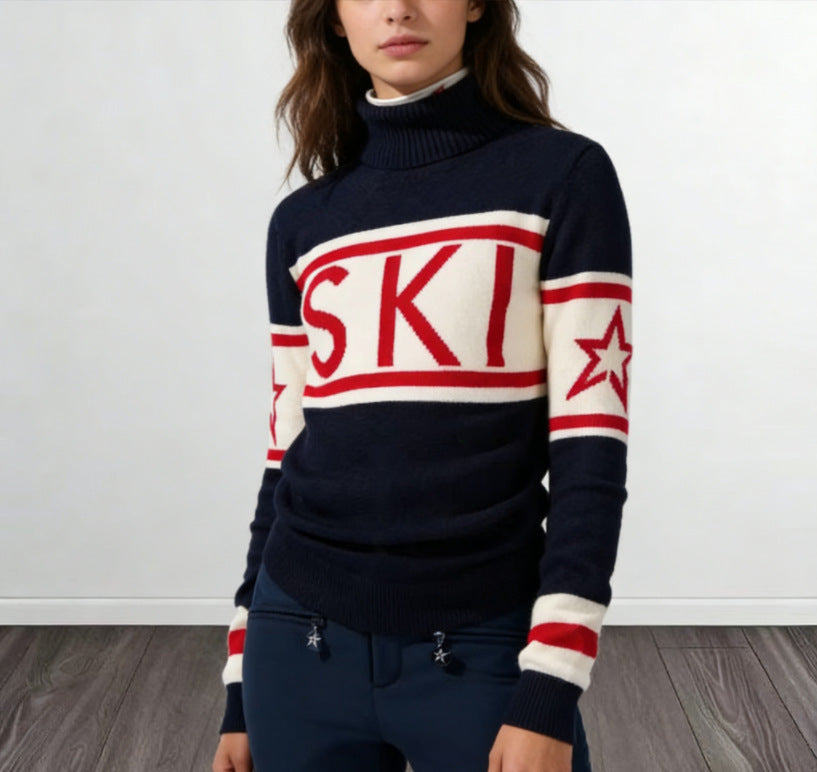 Damen Pullover mit Stehkragen sportlicher Strickpulli im Ski-Design