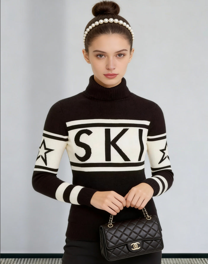 Damen Pullover mit Stehkragen – sportlicher Strickpulli im Ski-Design