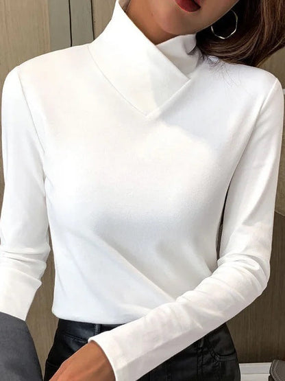 Rollkragen-Top Damen aus Baumwolle in Weiß – Langarm-Shirt mit Umschlagkragen, Vorderansicht