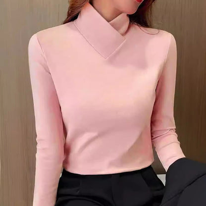 Rollkragen-Top Damen aus Baumwolle – Langarm-Shirt mit Umschlagkragen, Detailansicht
