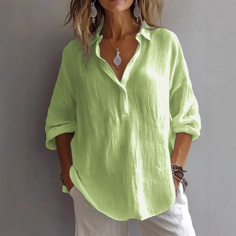 Leinen-Hemdbluse Damen in Grün – lockere Bluse mit Knopfleiste, Vorderansicht