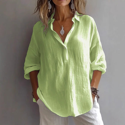 Leinen-Hemdbluse Damen in Grün – lockere Bluse mit Knopfleiste, Vorderansicht