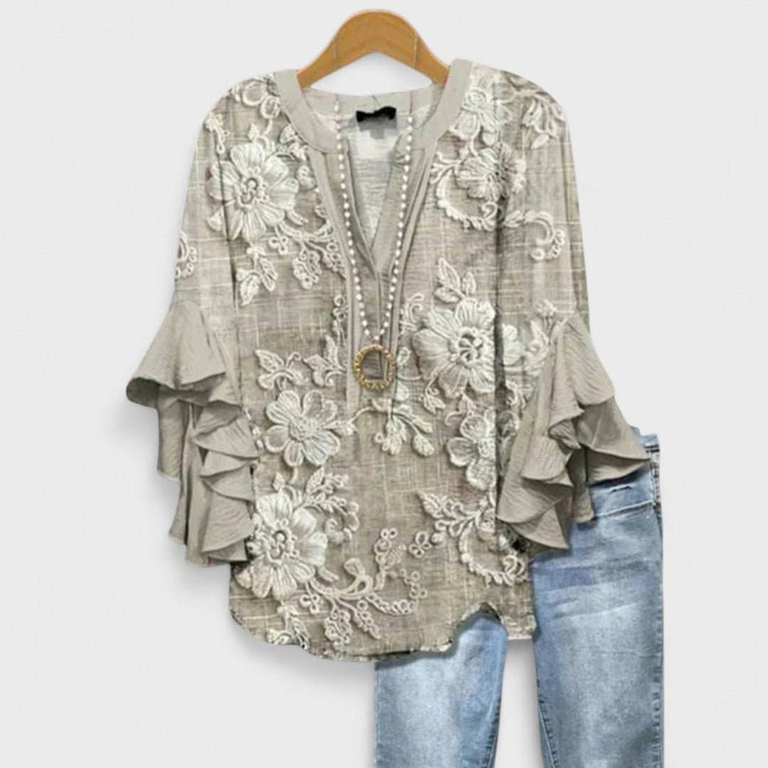 Bluse mit V-Ausschnitt und Volant-Ärmeln – leichte Bluse mit Muster