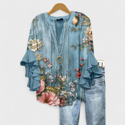 Bluse mit V-Ausschnitt und Volant-Ärmeln – leichte Bluse mit Muster
