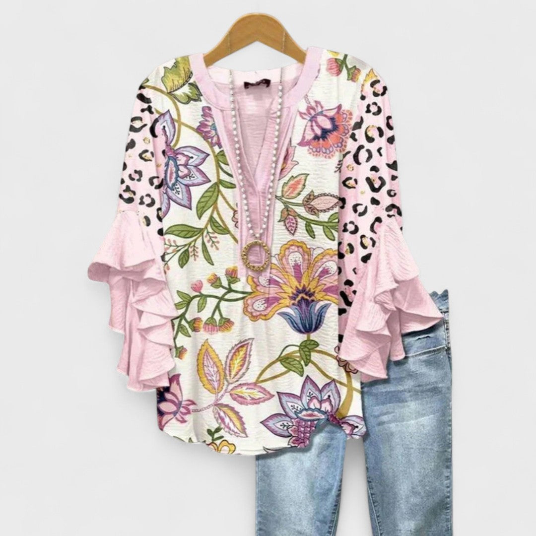 Bluse mit V-Ausschnitt und Volant-Ärmeln – leichte Bluse mit Muster