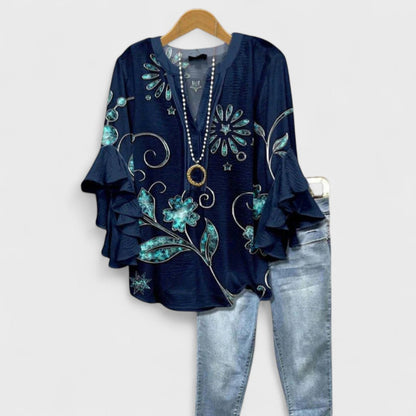 Bluse mit V-Ausschnitt und Volant-Ärmeln – leichte Bluse mit Muster