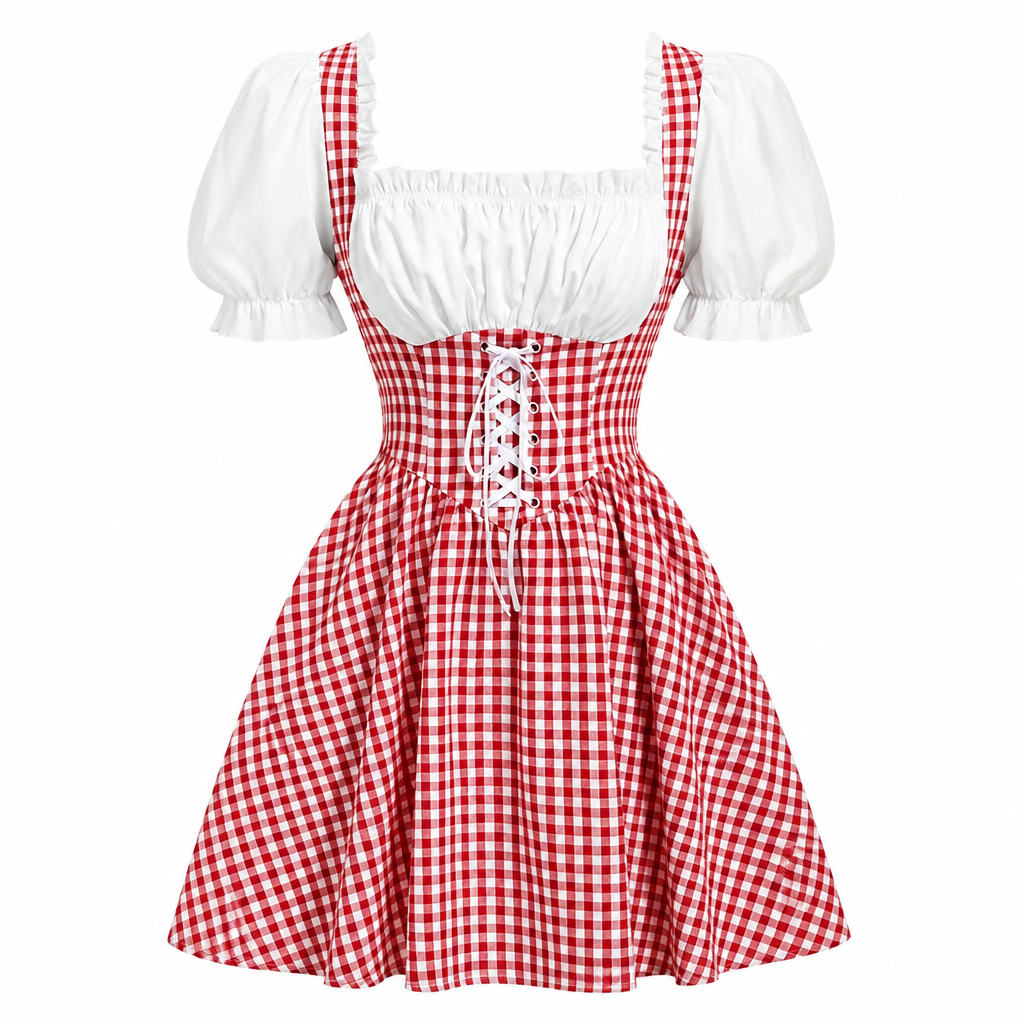 Dirndl Damen Oktoberfest kariert Trachtenkleid mit Puffärmeln