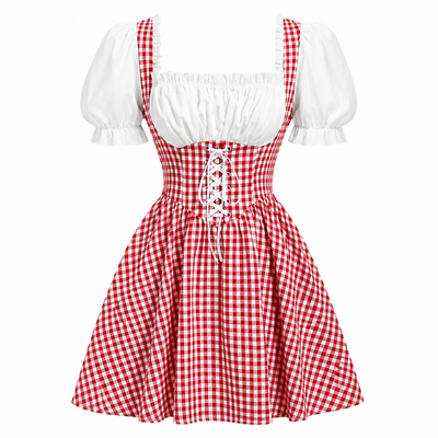 Dirndl Damen Oktoberfest kariert – Trachtenkleid mit Puffärmeln