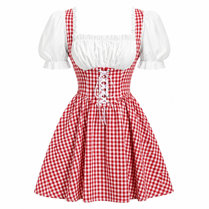Dirndl Damen Oktoberfest kariert Trachtenkleid mit Puffärmeln