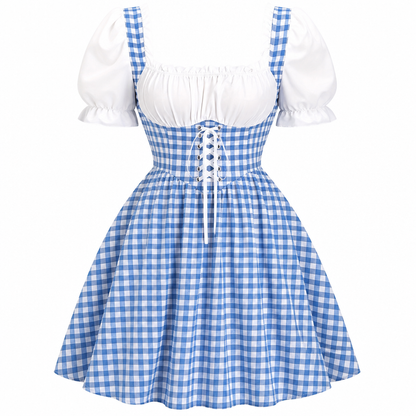 Dirndl Damen Oktoberfest kariert – Trachtenkleid mit Puffärmeln