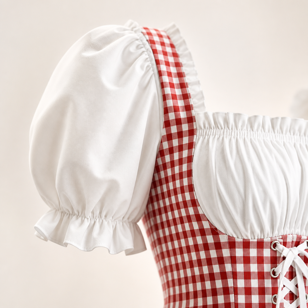 Dirndl Damen Oktoberfest kariert – Trachtenkleid mit Puffärmeln