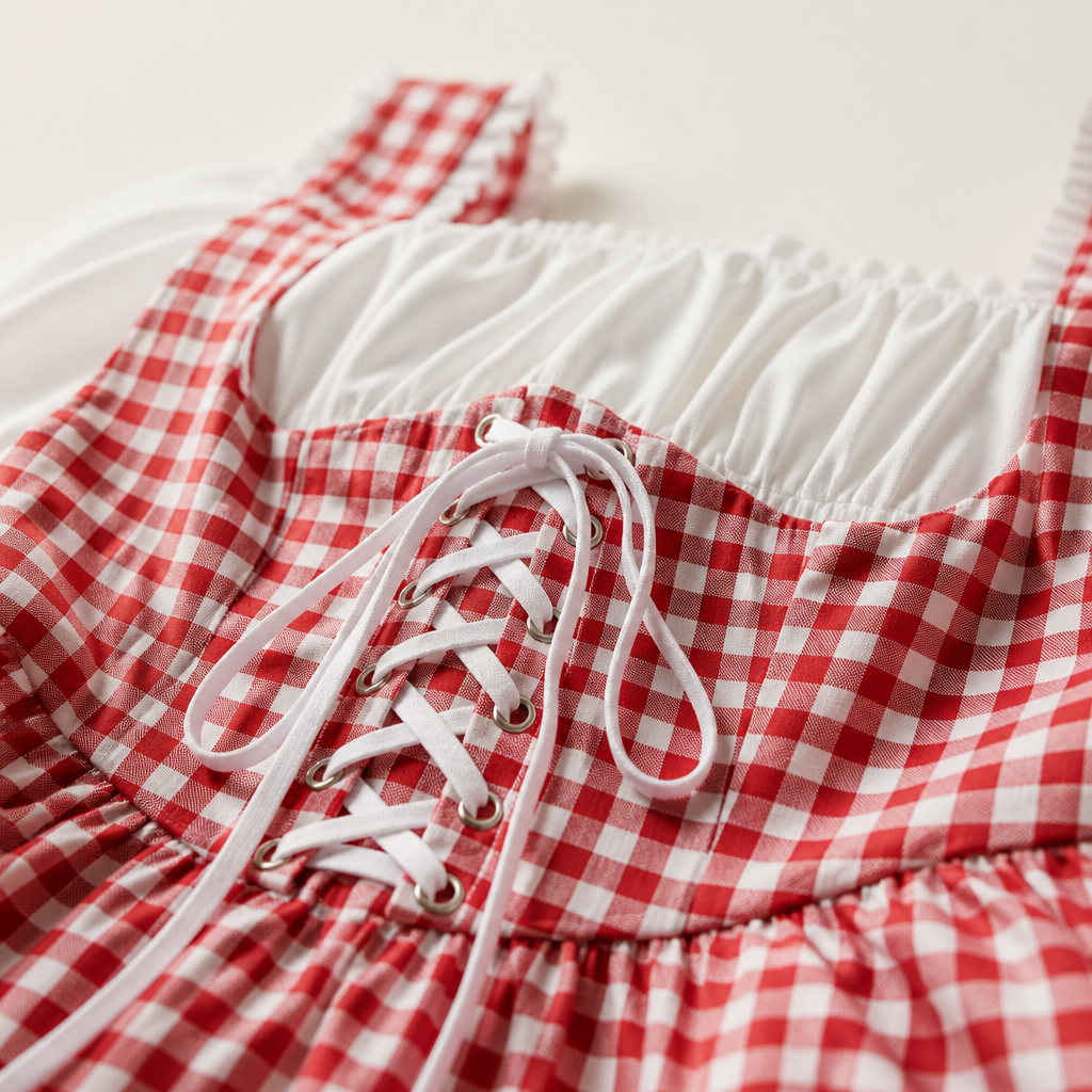 Dirndl Damen Oktoberfest kariert – Trachtenkleid mit Puffärmeln