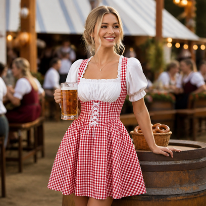 Dirndl Damen Oktoberfest kariert – Trachtenkleid mit Puffärmeln