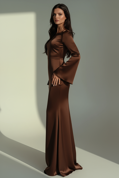 Satin-Abendkleid Damen – langes Maxikleid mit Langarm, Detailansicht