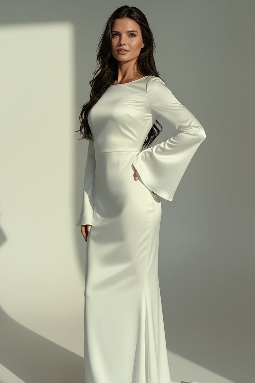 Satin-Abendkleid Damen in Weiß – langes Maxikleid mit Langarm, Vorderansicht