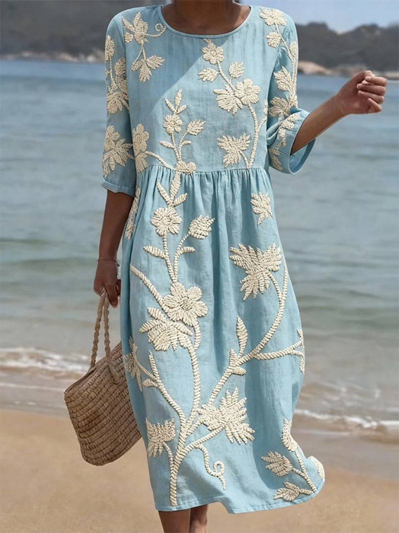Blumenkleid Damen aus Leinen – Midikleid mit Rundhals und Stickerei, Vorderansicht