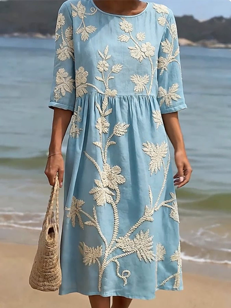 Blumenkleid Damen aus Leinen – Midikleid mit Stickerei, Detailansicht