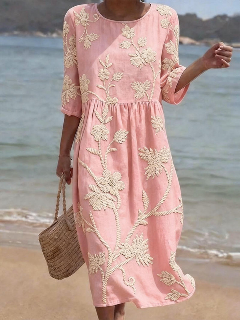 Blumenkleid Damen aus Leinen – Midikleid mit Blumenstickerei, Detailansicht