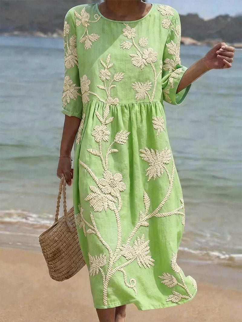 Blumenkleid Damen aus Leinen – Midikleid, Detailansicht
