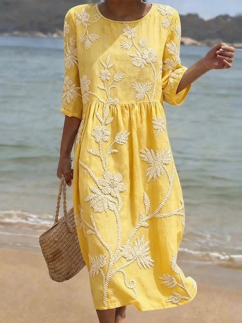 Blumenkleid Damen aus Leinen – Midikleid, Detailansicht