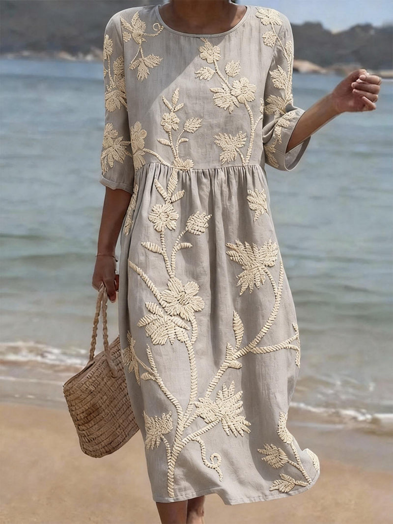 Blumenkleid Damen aus Leinen – Midikleid, Detailansicht