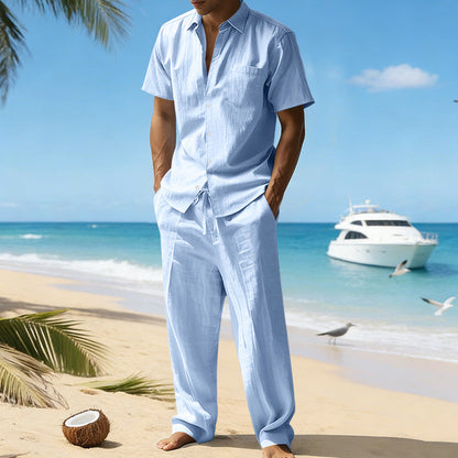 Herren-Set aus Leinen – Kurzarmhemd und Hose mit Kordelzug für den Sommer