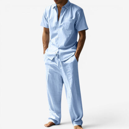 Herren-Set aus Leinen – Kurzarmhemd und Hose mit Kordelzug für den Sommer