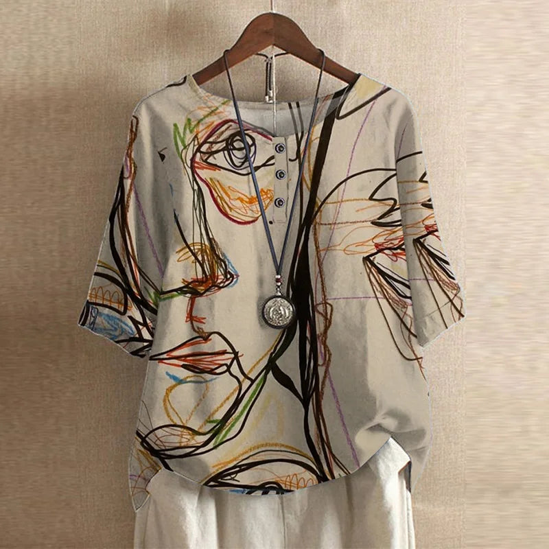 Bluse Damen mit Blumenmuster – kurzärmlige Bluse im Vintage-Stil mit Rundhals