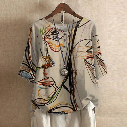 Bluse Damen mit Blumenmuster – kurzärmlige Bluse im Vintage-Stil mit Rundhals