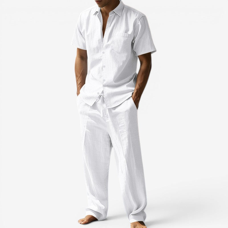Herren-Set aus Leinen – Kurzarmhemd und Hose mit Kordelzug für den Sommer