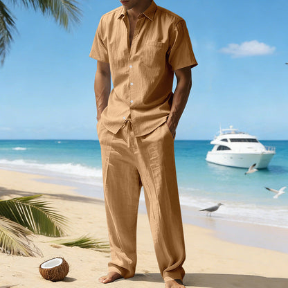 Herren-Set aus Leinen – Kurzarmhemd und Hose mit Kordelzug für den Sommer