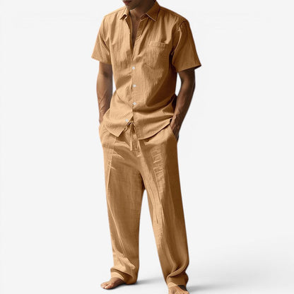 Herren-Set aus Leinen – Kurzarmhemd und Hose mit Kordelzug für den Sommer