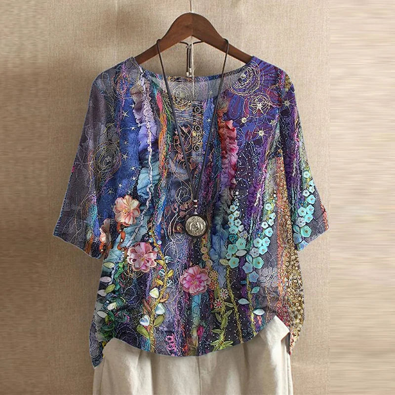 Bluse Damen mit Blumenmuster – kurzärmlige Bluse im Vintage-Stil mit Rundhals