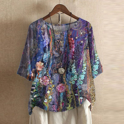 Bluse Damen mit Blumenmuster – kurzärmlige Bluse im Vintage-Stil mit Rundhals